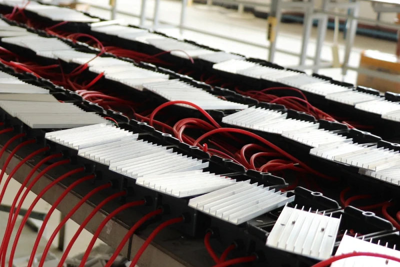 Rows of high-voltage modules with red output leads